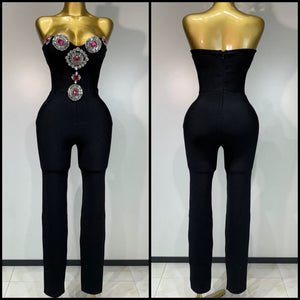 Women Sexy Strapless Bling Crystal Jumpsuit