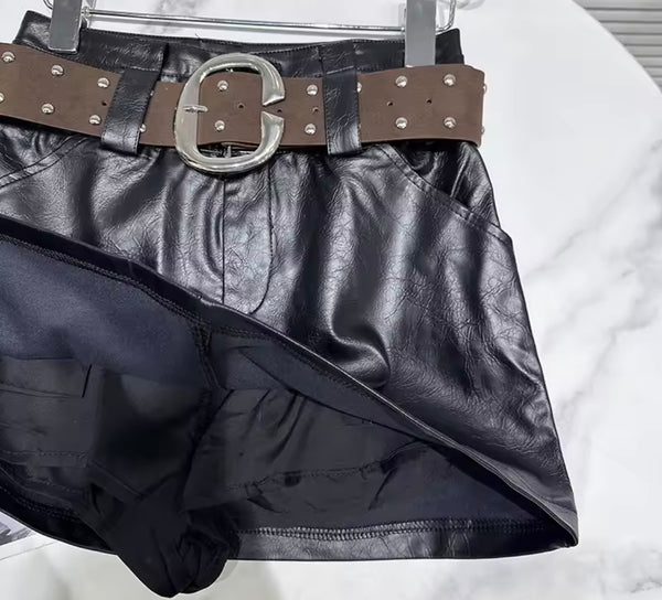 Women Rivet Belted Faux Leather Fashion Skirt