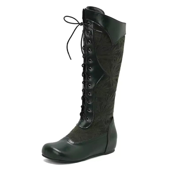 Women Fashion Floral Lace Up Flat Knee High Boots