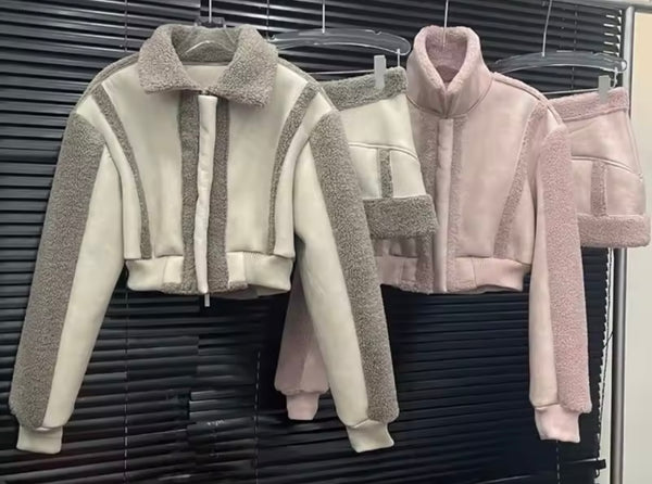 Women Fashion Fur Patchwork Jacket Two Piece Skirt Set