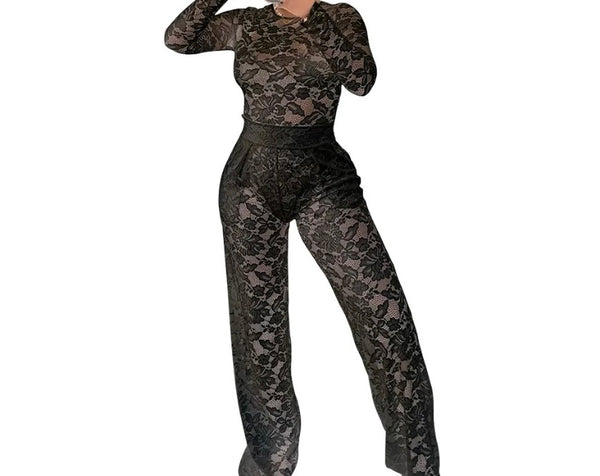 Women Lace Full Sleeve Sexy Two Piece Pant Set