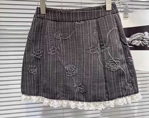 Women Ruffled Full Sleeve Gray Pinstripes Two Piece Skirt Set