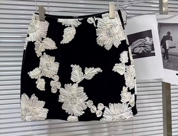 Women Button Up Ruffled Full Sleeve Two Piece B&W Skirt Set