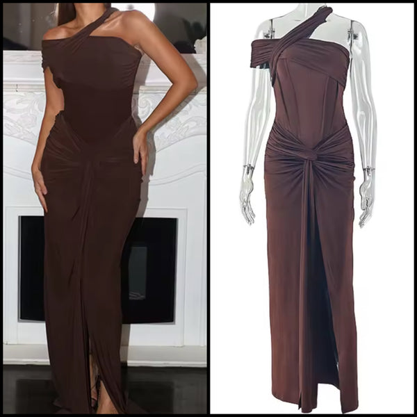 Women Sexy Brown Off The Shoulder Ruche Split Maxi Dress