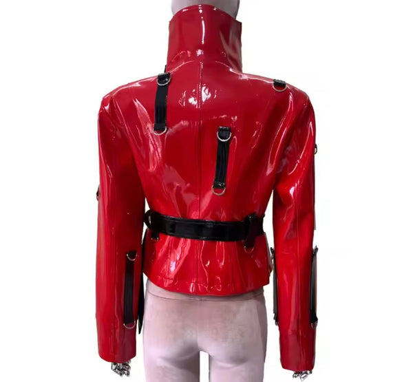 Women Fashion Red PU Leather Buckled Short Jacket