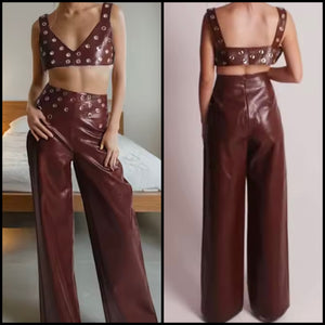 Women Brown Rivet Sleeveless Sexy Two Piece Faux Leather Pant Set