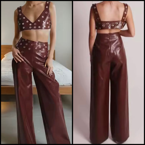 Women Brown Rivet Sleeveless Sexy Two Piece Faux Leather Pant Set