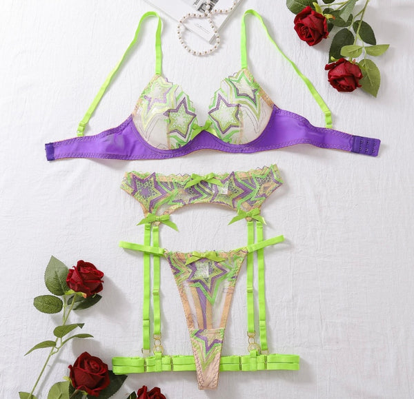 Women Sexy Color Patchwork Star Print Lingerie Set