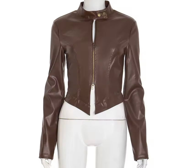 Women Color Fashion Zip Up Faux Leather Jacket