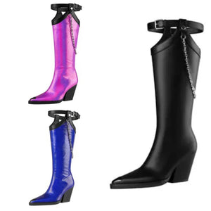 Women Fashion Chain Buckled Knee High Western Boots