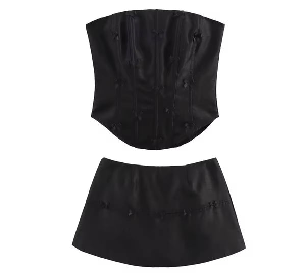 Women Sexy Strapless Bow Corset Two Piece Skirt Set