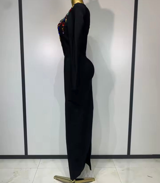 Women Black Color Crystal One Shoulder Full Sleeve Maxi Dress