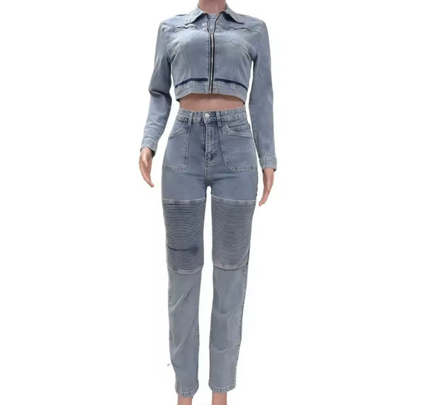 Women Blue Denim Fashion Crop Jacket Two Piece Pant Set