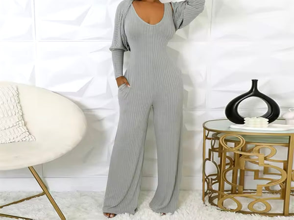 Women Gray Fashion Wide Leg Two Piece Jumpsuit Set