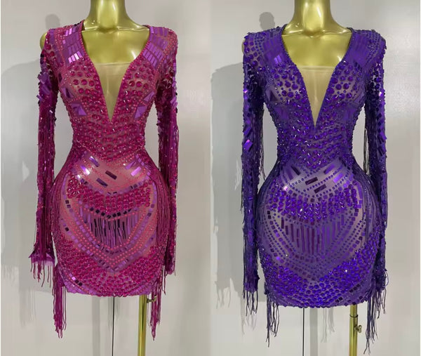 Women Sexy Crystal Mirror Mesh Full Sleeve Tassel Dress