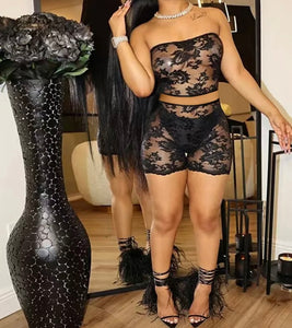 Women Sexy Strapless Lace Crop Two Piece Short Set