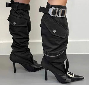 Women Fashion Pointed Toe Buckled Pocket Zipper Knee High Boots