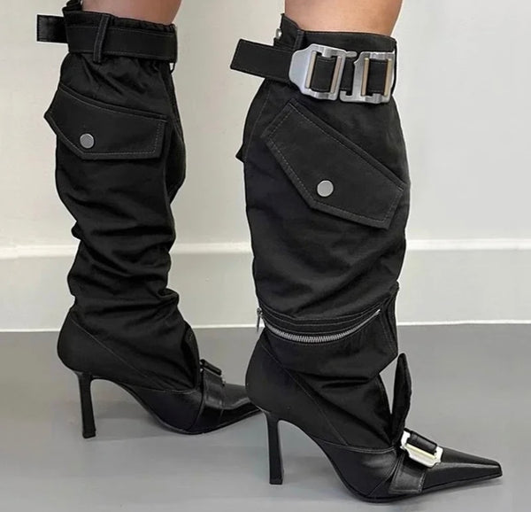 Women Fashion Pointed Toe Buckled Pocket Zipper Knee High Boots