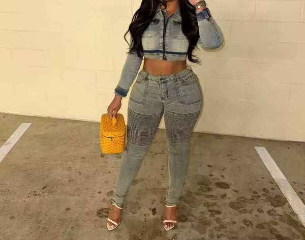 Women Blue Denim Fashion Crop Jacket Two Piece Pant Set