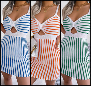 Women Sexy Sleeveless Striped Cut Out Dress