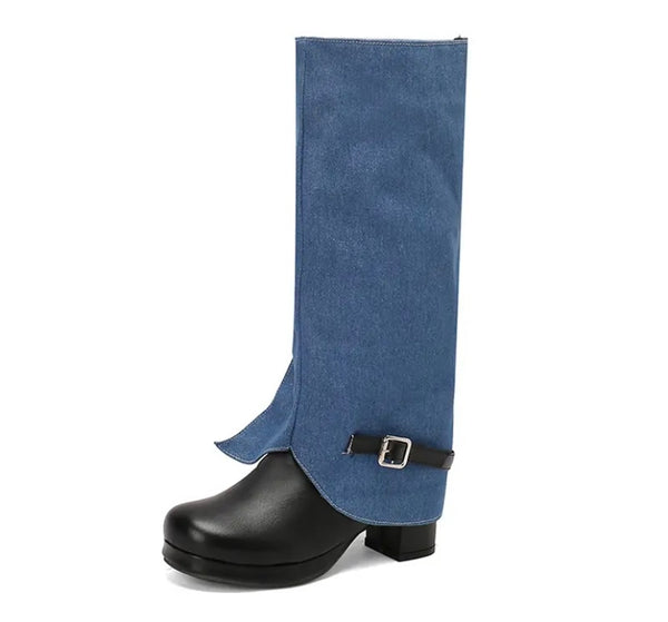 Women Fashion Denim Color Patchwork Buckled Platform Knee High Boots