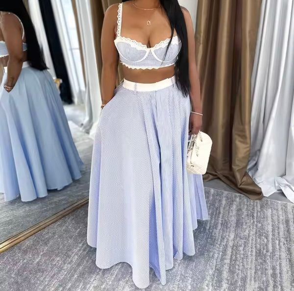 Women Sexy Striped Sleeveless Crop Two Piece Maxi Skirt Set
