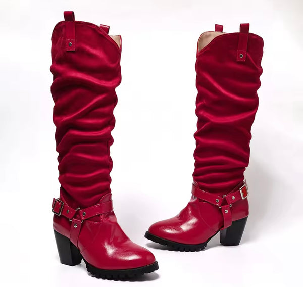 Women Fashion Buckled Chunky Heel Knee High Western Boots