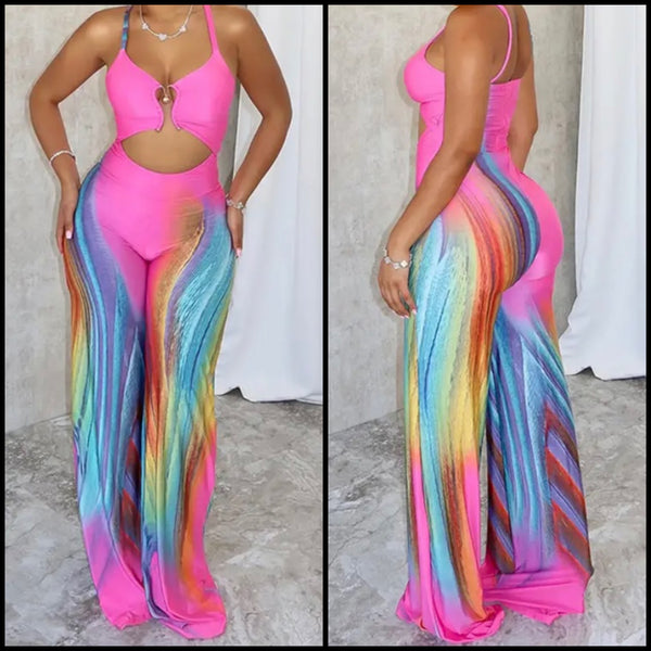 Women Sexy Sleeveless Pink Rainbow Jumpsuit