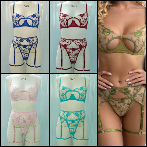 Women Sexy Color Lace Thong Lingerie Set