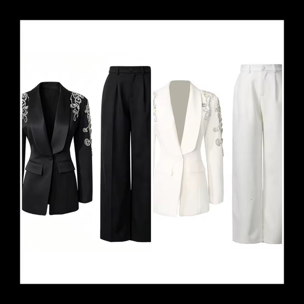 Women Fashion Floral Rhinestone Embellishment Blazer Two Piece Pant Set