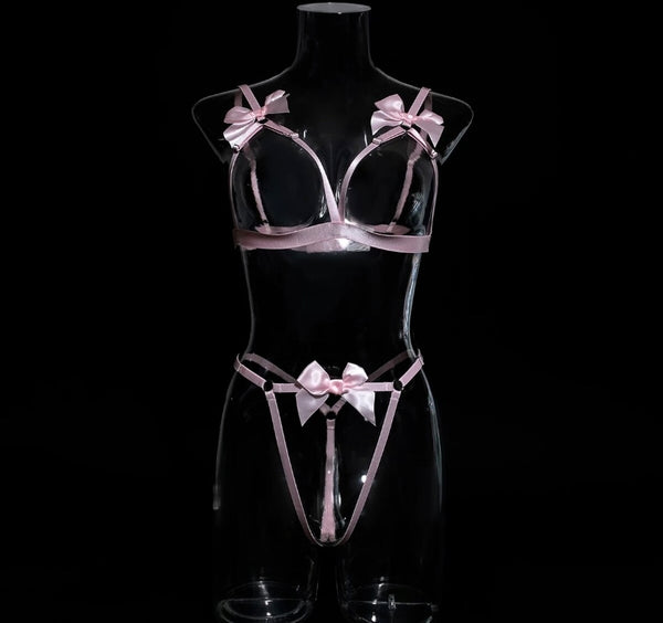 Women Sexy Bow Cut Out G-String Lingerie Set