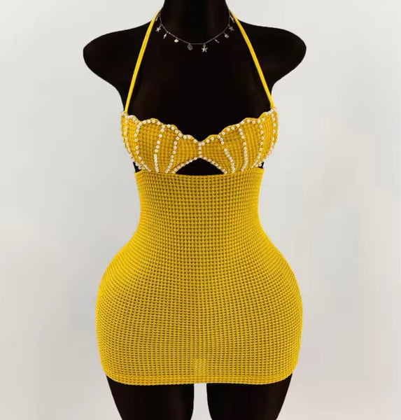Women Sexy Sleeveless Pearl Halter Crochet Dress