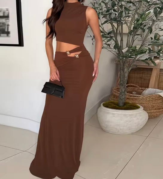 Women Sexy Sleeveless Cut Out Side Maxi Dress
