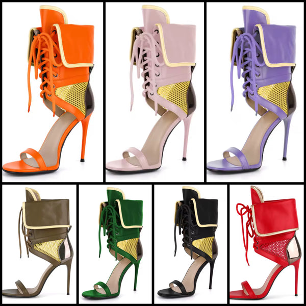 Women Fashion Open Toe Color Patchwork Tie Up High Heel Ankle Boots