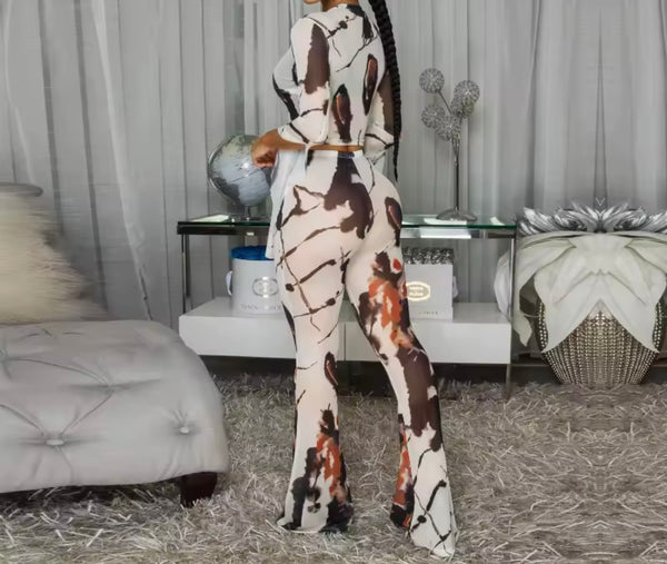 Women Sexy Printed Mesh Flare Full Sleeve Two Piece Pant Set