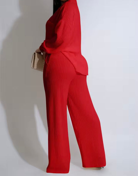Women Button Up Ribbed Full Sleeve Two Piece Pant Set