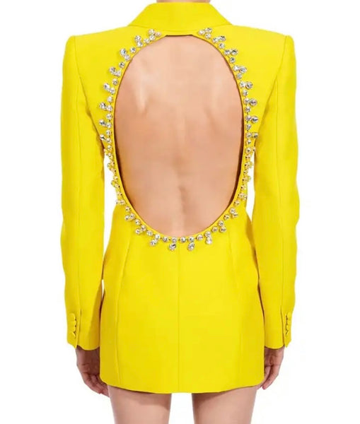 Women Fashion Button Up Open Back Rhinestone Blazer Top