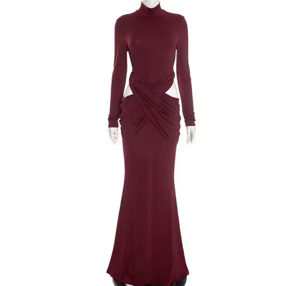Women Sexy Burgundy Full Sleeve Cut Out Maxi Dress
