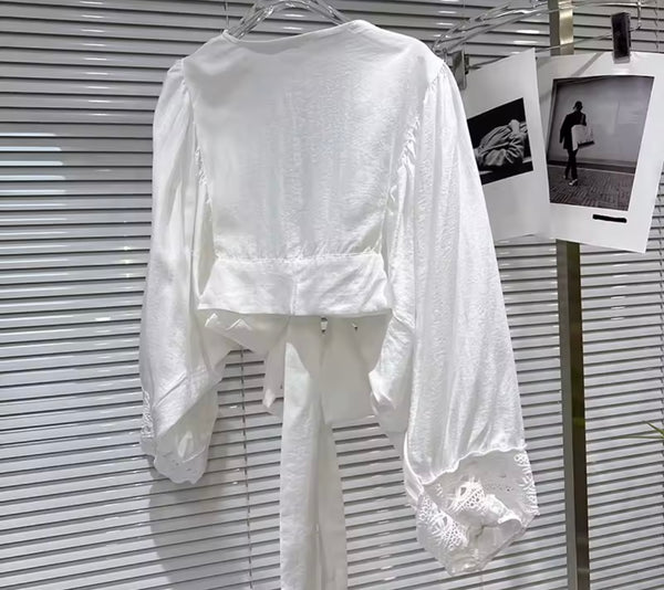 Women White Full Sleeve Wrap Top Two Piece Asymmetrical Skirt Set