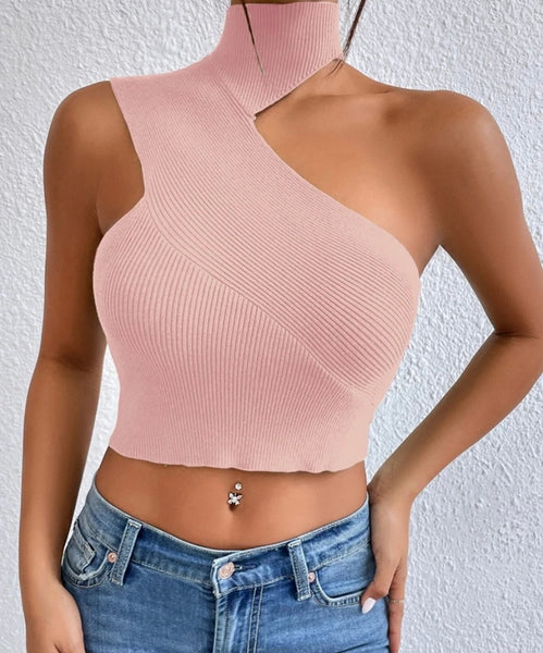 Women Sexy Ribbed One Shoulder Sleeveless Crop Top