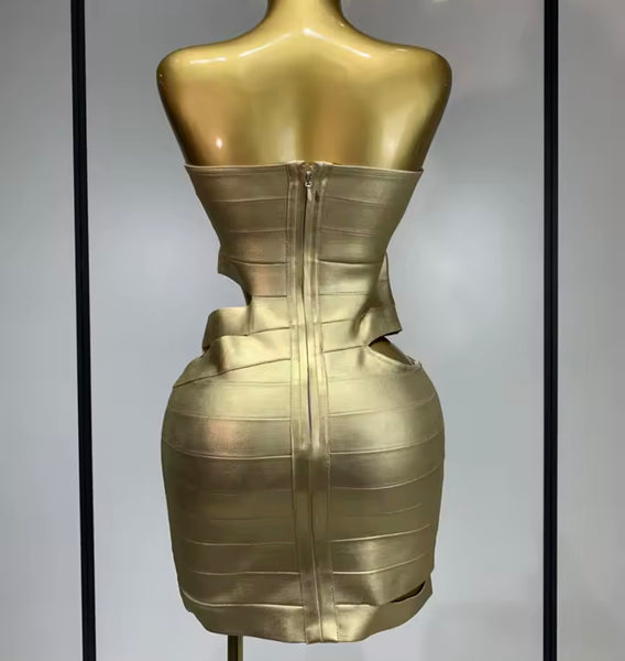 Women Gold Sexy Strapless Faux Leather Cut Out Bandage Dress