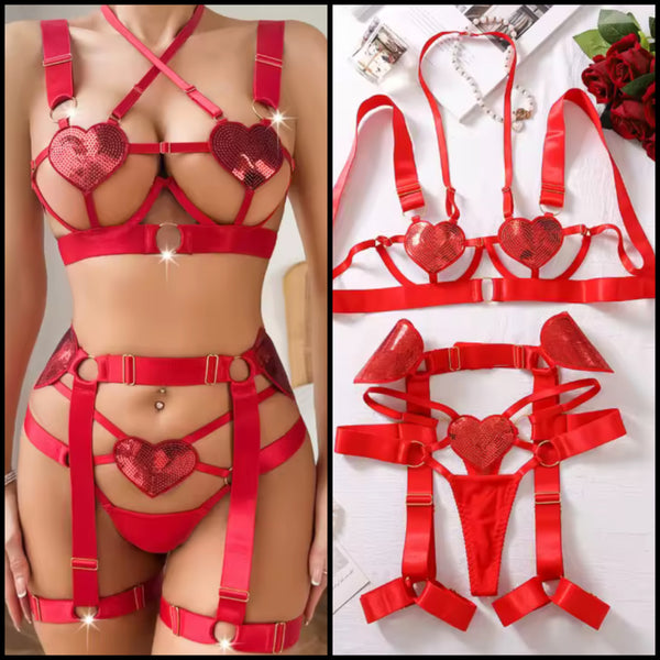 Women Sexy Red Heart Cut Out Lingerie Set