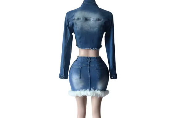 Women Sexy Fashion Fur Denim Crop Jacket Two Piece Skirt Set