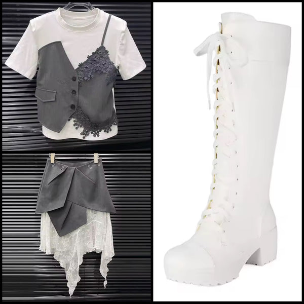 Women Fashion Faux Leather Tie Up Knee High Boots
