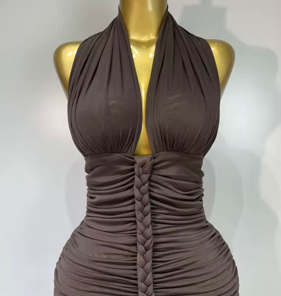 Women Sexy Halter Sleeveless Ruched Brown Maxi Dress
