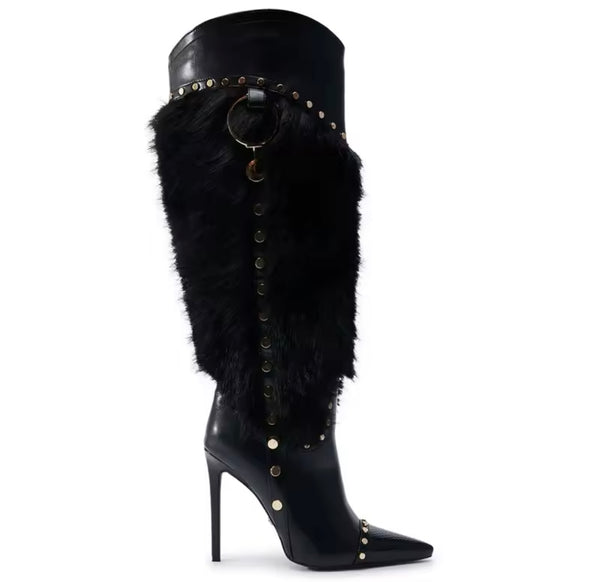 Women Black Fur Patchwork Rivet High Heel Knee High Boots