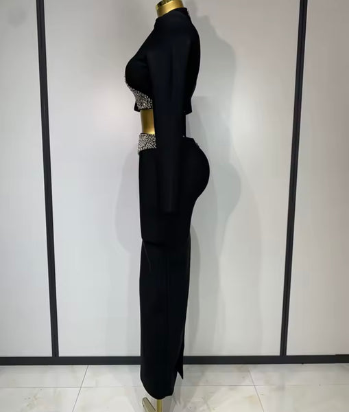 Women Beaded Bling Full Sleeve Sexy Two Piece Maxi Skirt Set