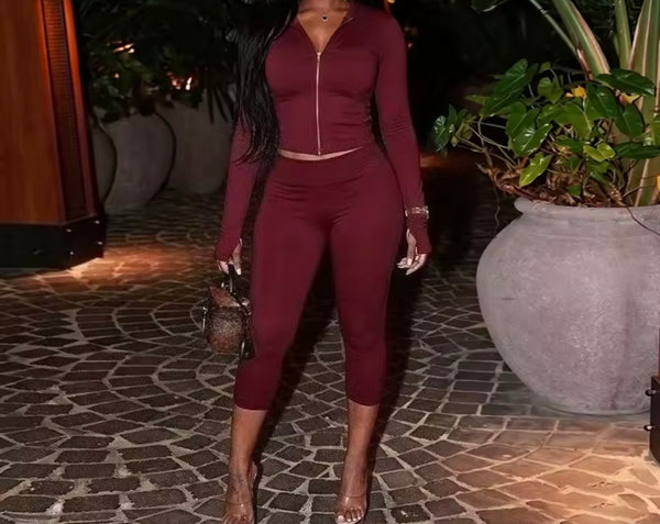 Women Zip Up Hooded Full Sleeve Two Piece Capri Pant Set