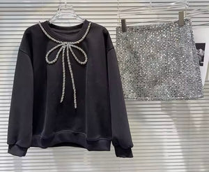 Women Fashion Bling Bow Full Sleeve Two Piece Sequins Skirt Set