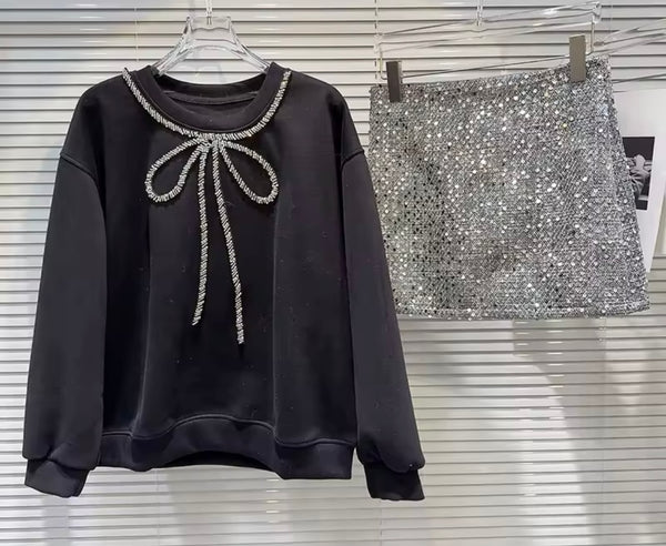 Women Fashion Bling Bow Full Sleeve Two Piece Sequins Skirt Set